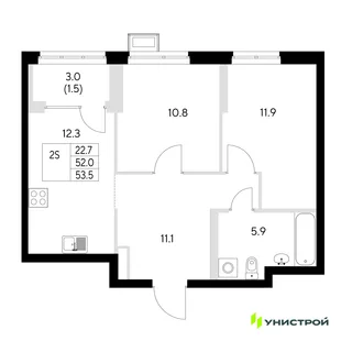 Планировка 2-комн. квартира, 53.5 м² ЖК «Стадиум»
