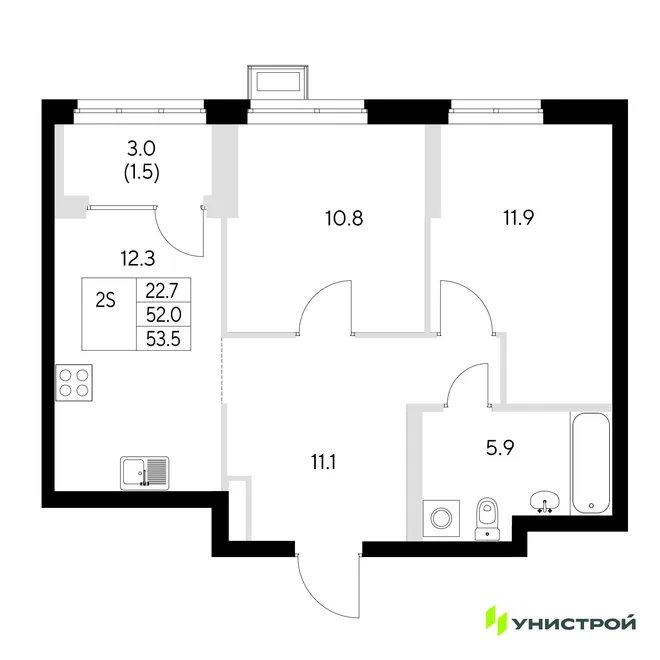 Планировка 2-комн. квартира, 53.5 м² ЖК «Стадиум»