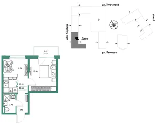 Планировка 2-комн. квартира, 33.55 м² ЖК «Остров-сад»
