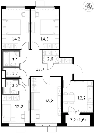 Квартира 4-комн. квартира, 96.3 м² ЖК «1-й Южный» Фото 1