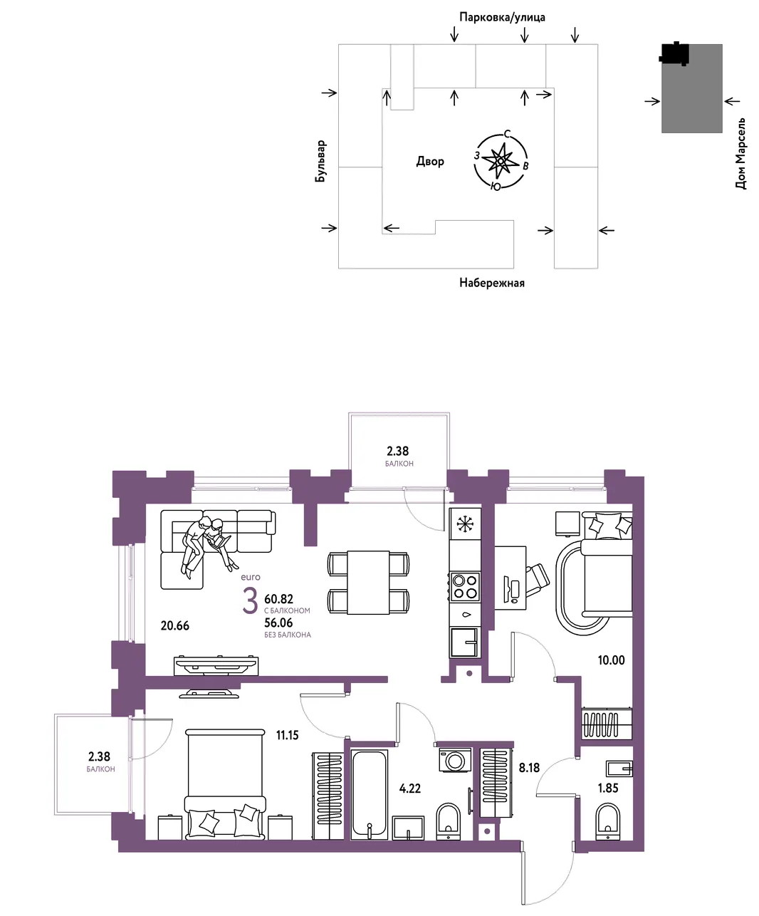 Планировка 3-комн. квартира, 60.82 м² ЖК «Европейский берег 2.0»