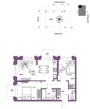 Планировка 3-комн. квартира, 60.82 м² ЖК «Европейский берег 2.0»