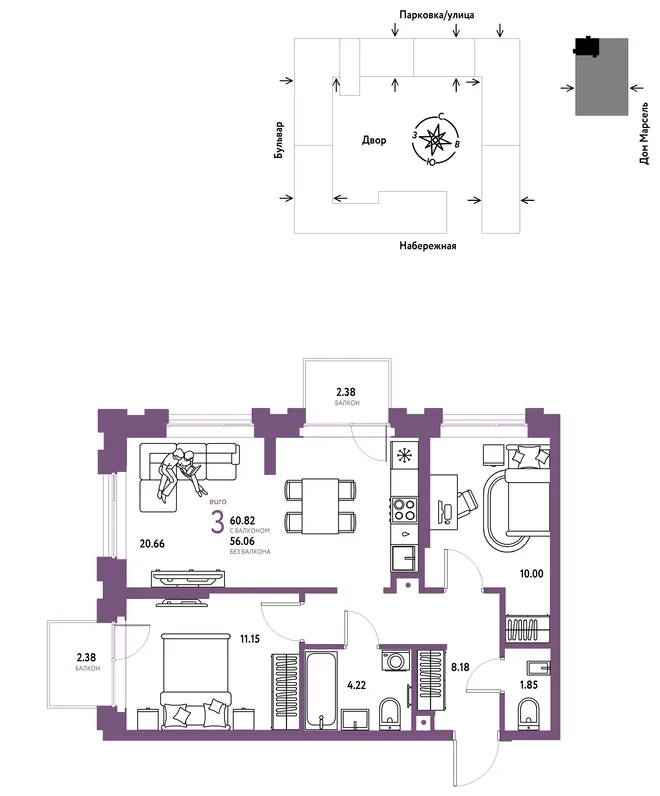 Планировка 3-комн. квартира, 60.82 м² ЖК «Европейский берег 2.0»