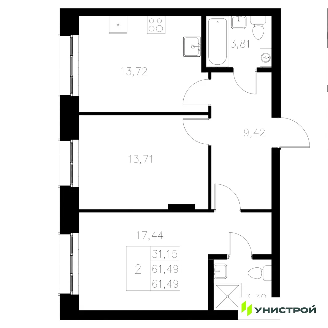 Планировка 2-комн. квартира, 61.49 м² ЖК «Statum»