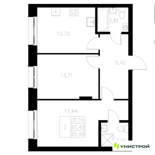 Планировка 2-комн. квартира, 61.49 м² ЖК «Statum»