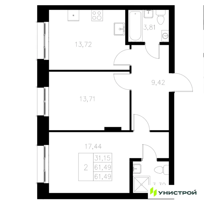 Планировка 2-комн. квартира, 61.49 м² ЖК «Statum» Планировка 2-комн. квартира, 61.49 м² ЖК «Statum»