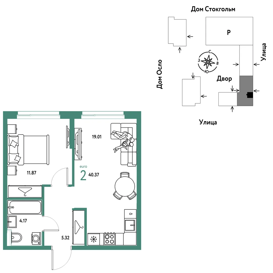 Планировка 2-комн. квартира, 40.37 м² ЖК «Европейский берег 2.0»