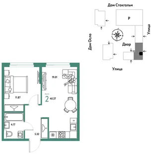 Планировка 2-комн. квартира, 40.37 м² ЖК «Европейский берег 2.0»