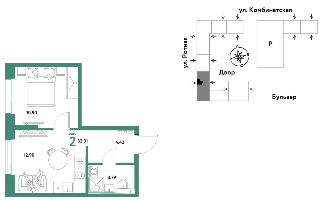 Планировка 2-комн. квартира, 31.82 м² ЖК «Уральский сад»