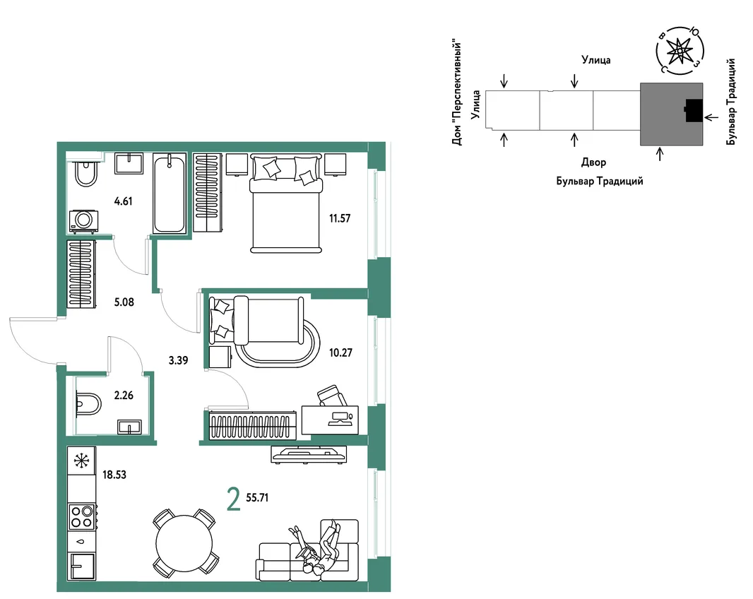 Планировка 2-комн. квартира, 55.71 м² ЖК «Микрорайон Домашний»