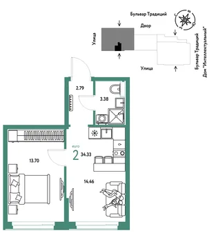 Планировка 2-комн. квартира, 34.33 м² ЖК «Микрорайон Домашний»