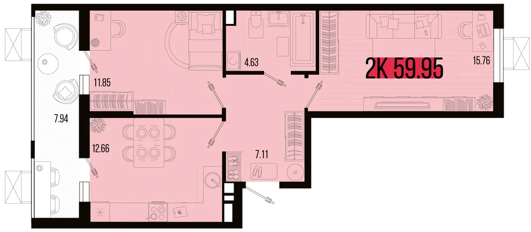 Планировка 2-комн. квартира, 55.98 м² ЖК «Цветной бульвар»