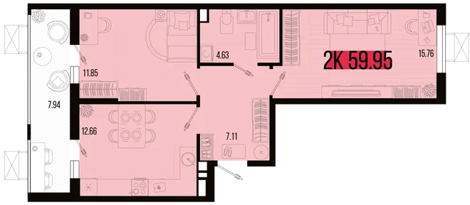 Планировка 2-комн. квартира, 56.45 м² ЖК «Цветной бульвар»
