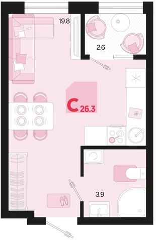 Планировка Студия, 26.3 м² ЖК «Первое место»