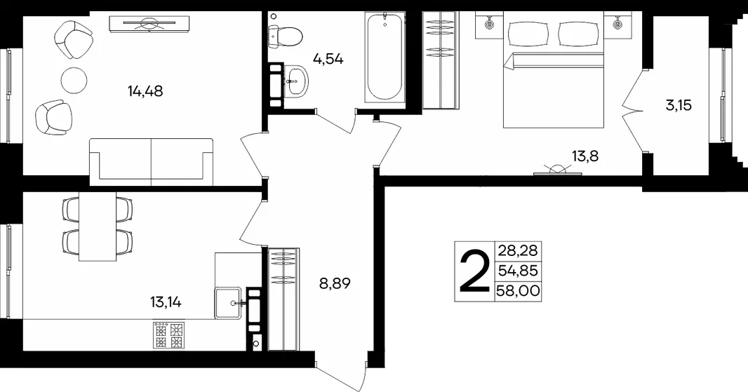Планировка 2-комн. квартира, 58 м² ЖК «Семисчастье»