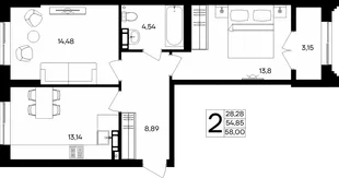 Планировка 2-комн. квартира, 58 м² ЖК «Семисчастье»