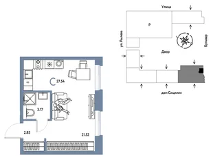 Планировка Студия, 27.54 м² ЖК «Остров-сад»