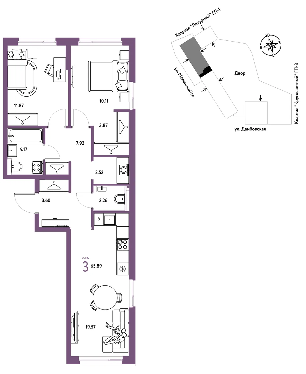 Планировка 3-комн. квартира, 65.89 м² ЖК «Страна Прибрежная»