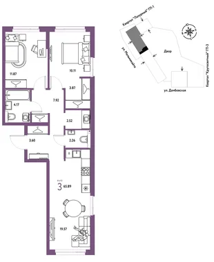 Планировка 3-комн. квартира, 65.89 м² ЖК «Страна Прибрежная»