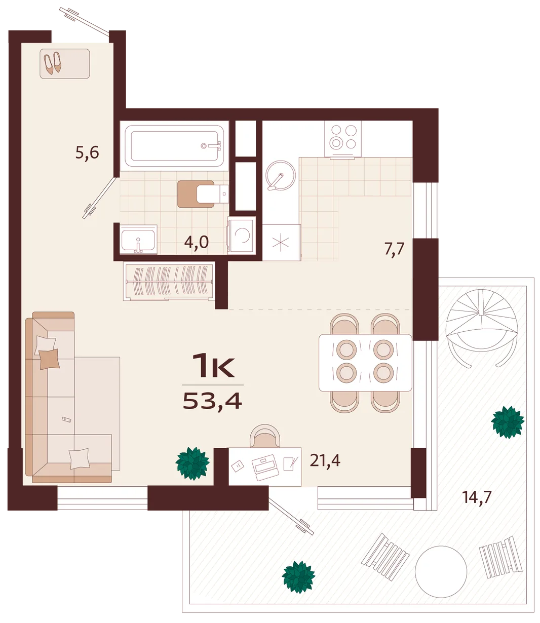 Планировка 1-комн. квартира, 53.4 м² ЖК «Роялта»