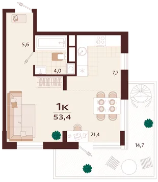 Планировка 1-комн. квартира, 53.4 м² ЖК «Роялта»
