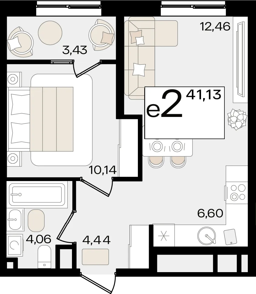 Планировка 2-комн. квартира, 41.13 м² ЖК «Патрики»