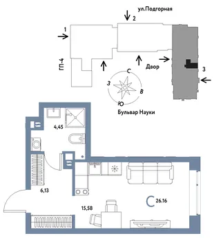 Планировка Студия, 26.16 м² ЖК «Авторский»