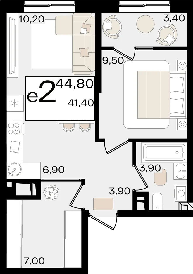 Планировка 2-комн. квартира, 44.8 м² ЖК «Патрики»