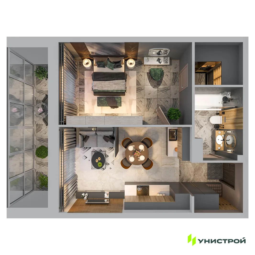 Планировка 1-комн. квартира, 43.86 м² ЖК «Лисино»
