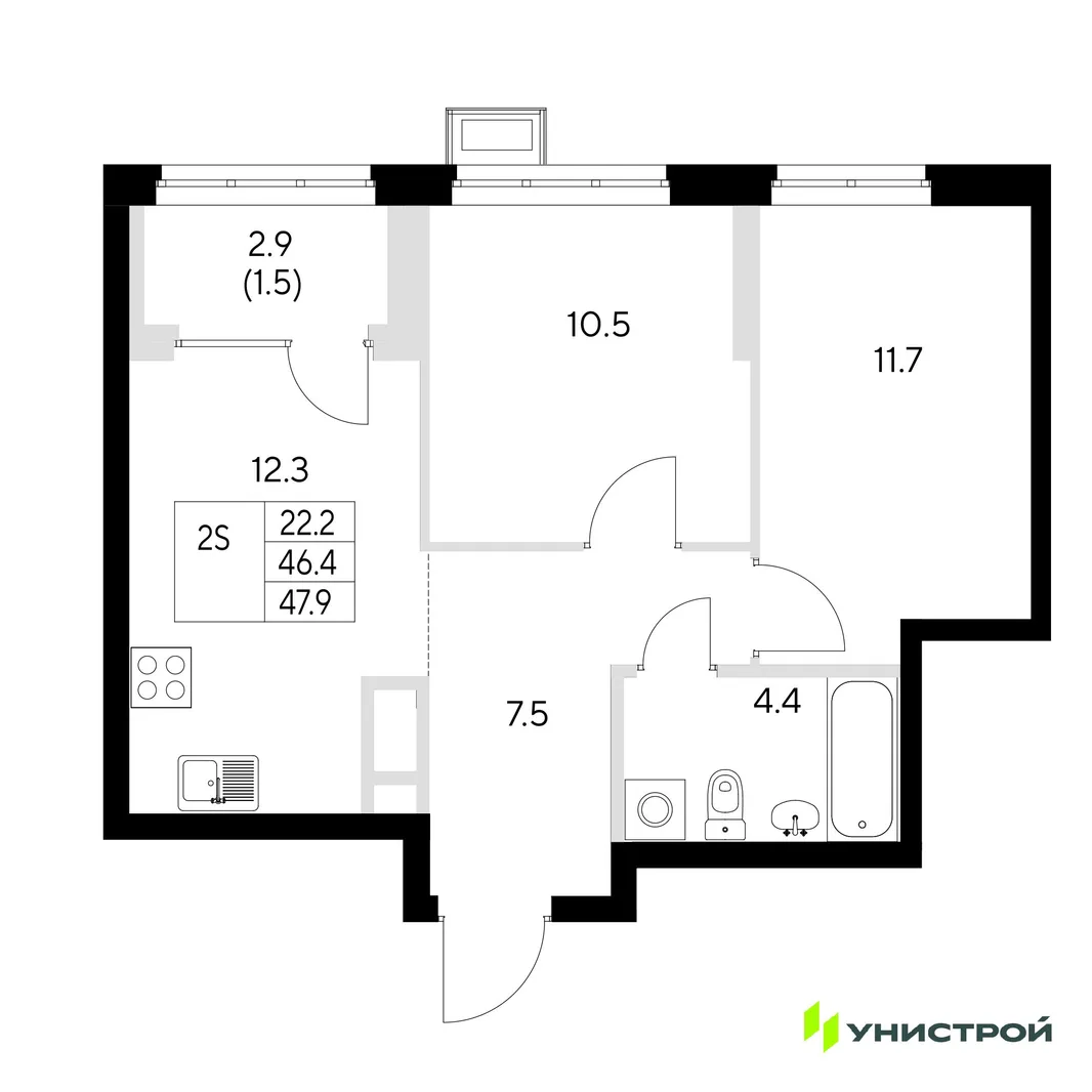 Планировка 2-комн. квартира, 47.9 м² ЖК «Стадиум»