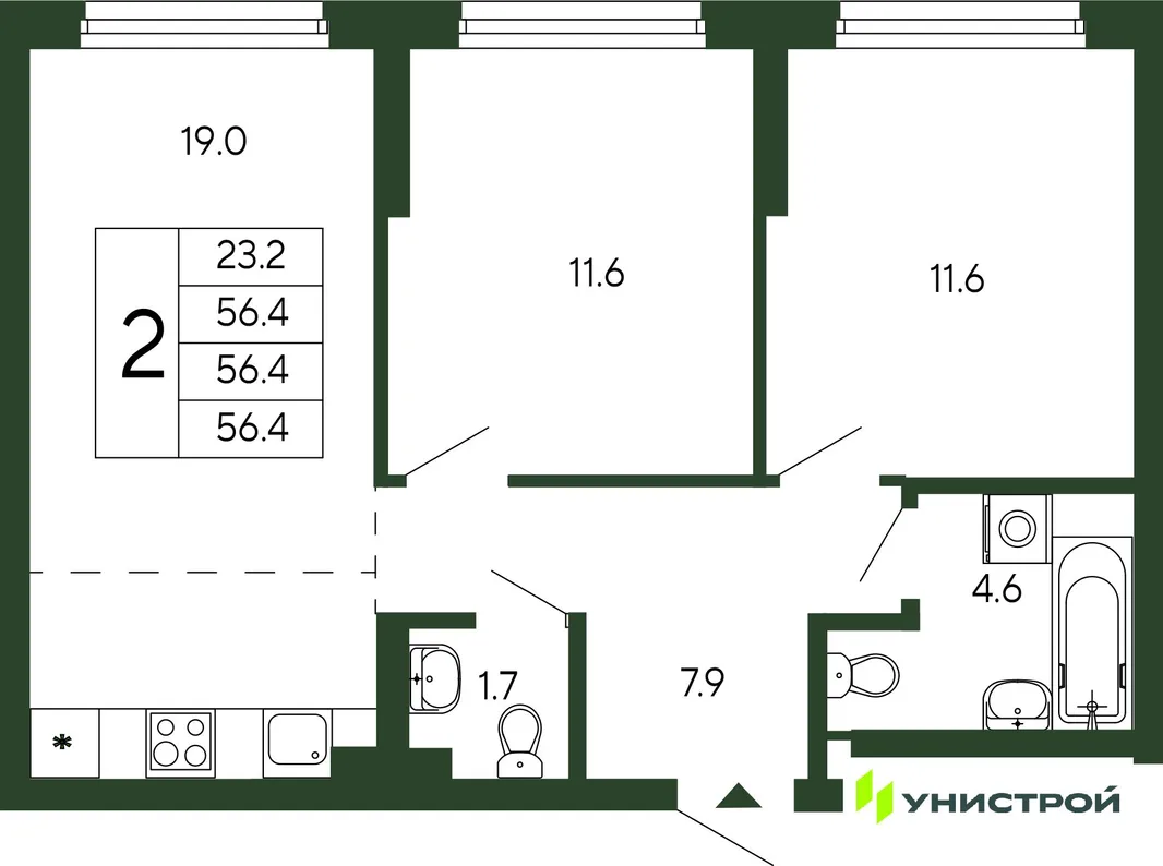 Планировка 2-комн. квартира, 56.4 м² ЖК «Парковый квартал 2.0»