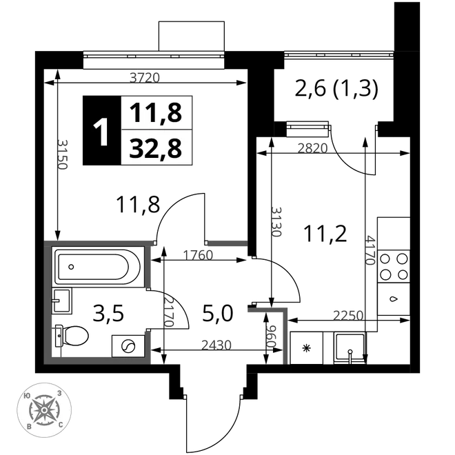Планировка 1-комн. квартира, 32.8 м² ЖК «1-й Шереметьевский» Планировка 1-комн. квартира, 32.8 м² ЖК «1-й Шереметьевский»