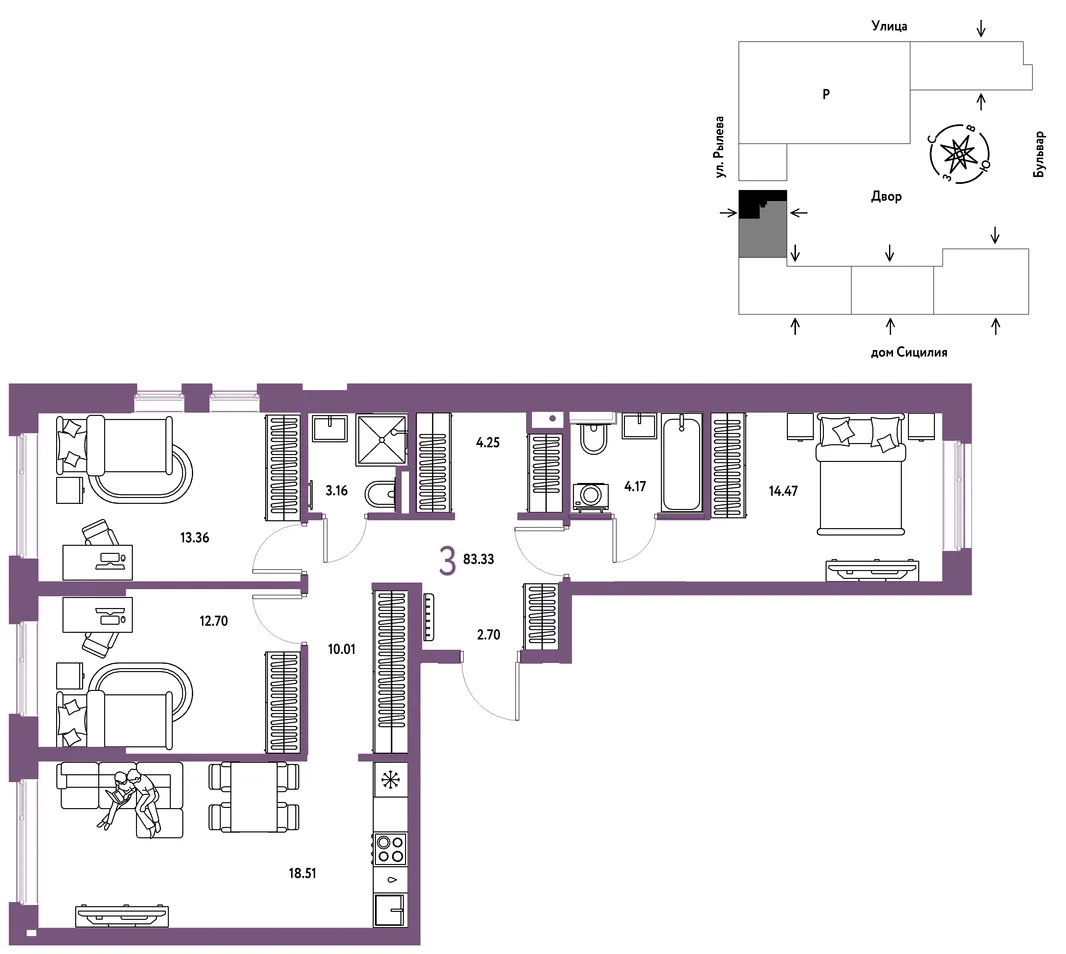 Планировка 3-комн. квартира, 83.33 м² ЖК «Остров-сад»