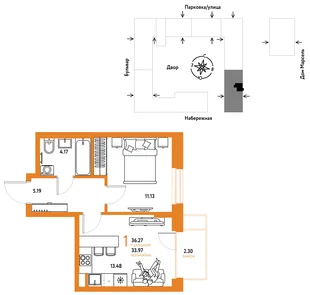 Планировка 1-комн. квартира, 36.27 м² ЖК «Европейский берег 2.0»