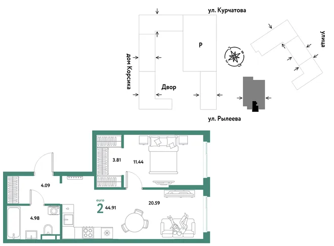 Планировка 2-комн. квартира, 44.91 м² ЖК «Остров-сад» Планировка 2-комн. квартира, 44.91 м² ЖК «Остров-сад»