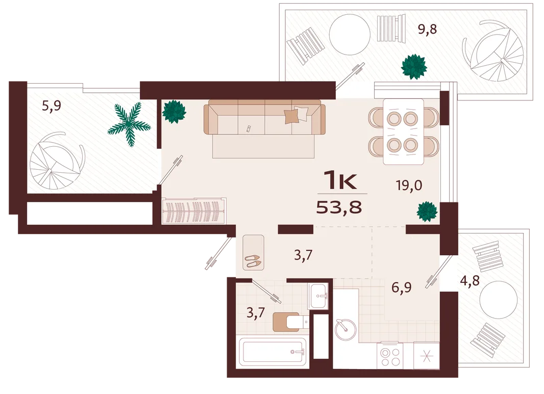 Планировка 1-комн. квартира, 53.8 м² ЖК «Роялта»
