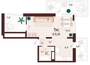 Планировка 1-комн. квартира, 53.8 м² ЖК «Роялта»