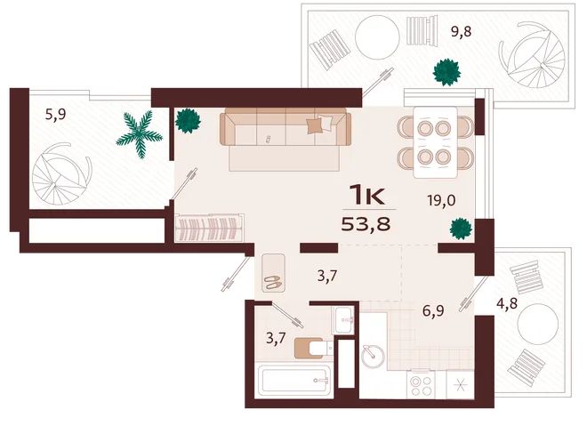 Планировка 1-комн. квартира, 53.8 м² ЖК «Роялта» Планировка 1-комн. квартира, 53.8 м² ЖК «Роялта»