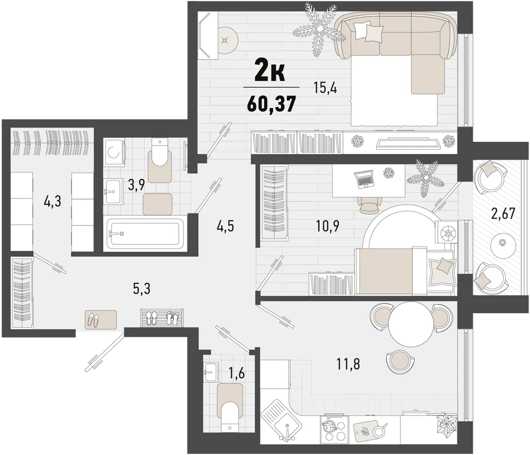 Планировка 2-комн. квартира, 60.37 м² ЖК «Барса»