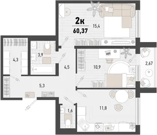 Планировка 2-комн. квартира, 60.37 м² ЖК «Барса»