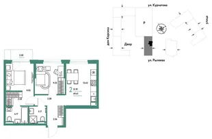 Планировка 2-комн. квартира, 51.89 м² ЖК «Остров-сад»