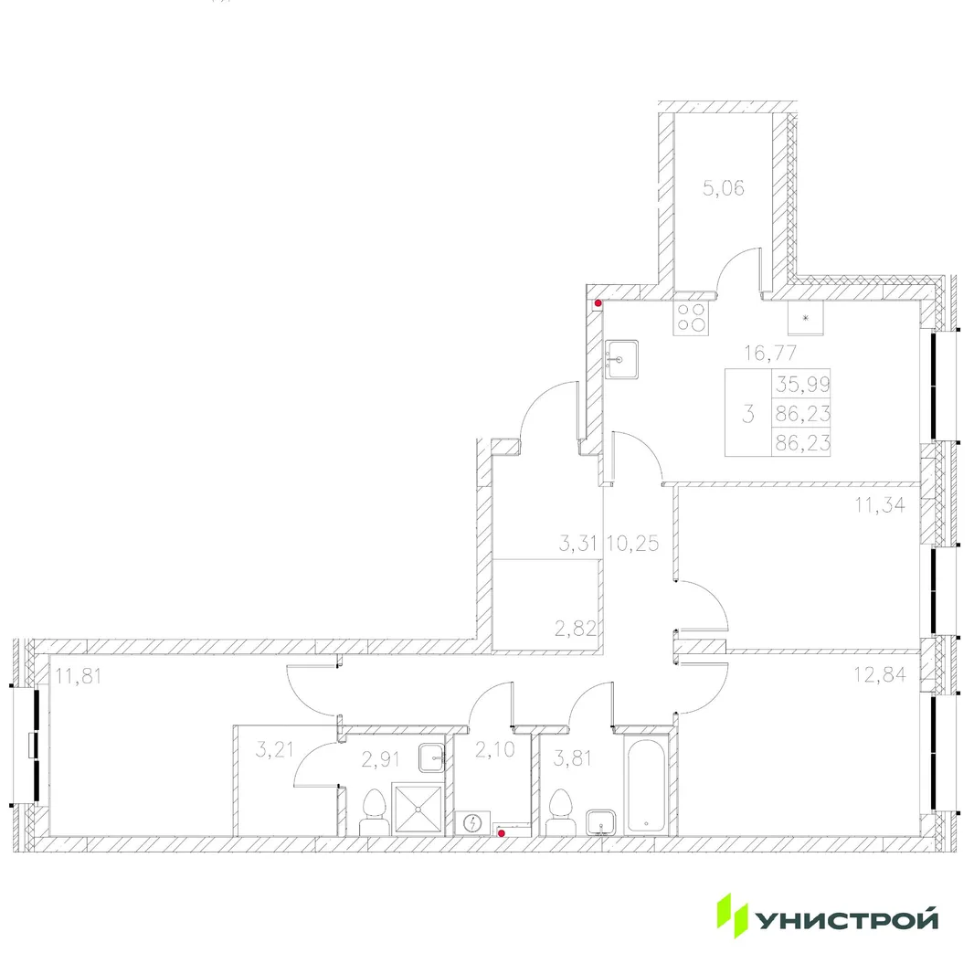 Планировка 3-комн. квартира, 86.23 м² ЖК «Statum»