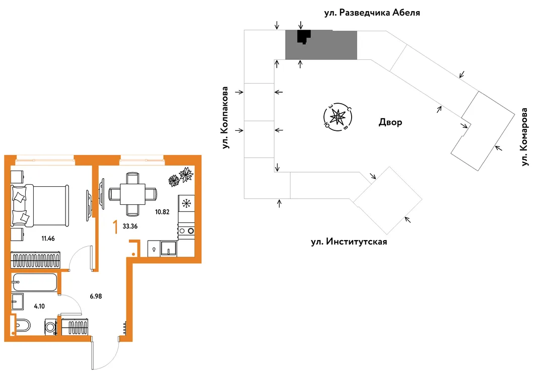 Планировка 1-комн. квартира, 33.36 м² ЖК «Страна.Парковая»