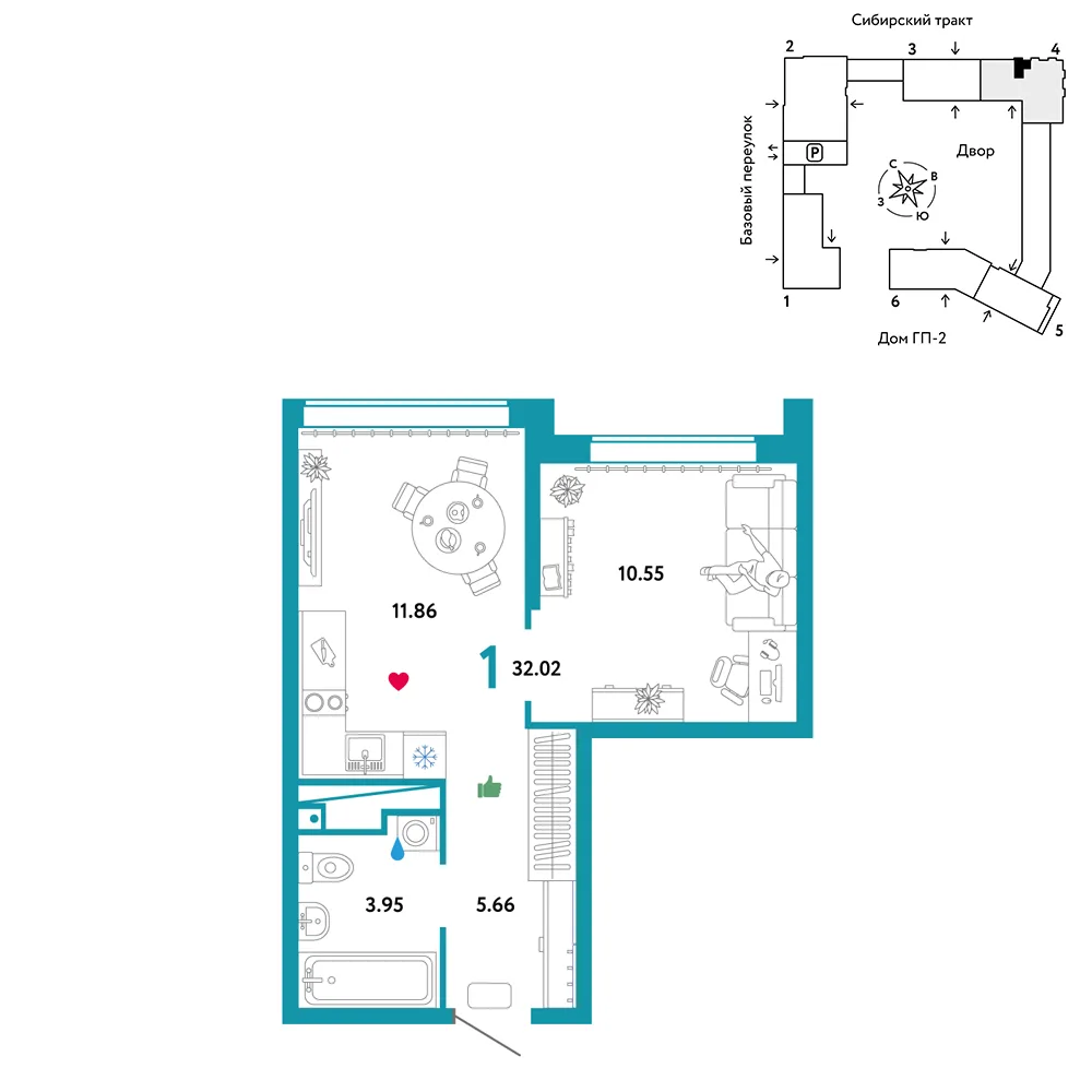 Планировка 1-комн. квартира, 32.02 м² ЖК «Сибирский сад»