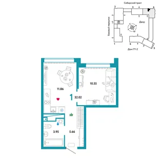 Планировка 1-комн. квартира, 32.02 м² ЖК «Сибирский сад»