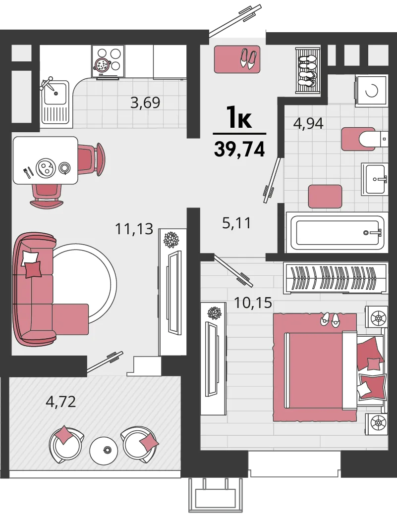 Планировка 2-комн. квартира, 39.74 м² ЖК «Родные просторы»