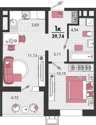 Планировка 2-комн. квартира, 39.74 м² ЖК «Родные просторы»