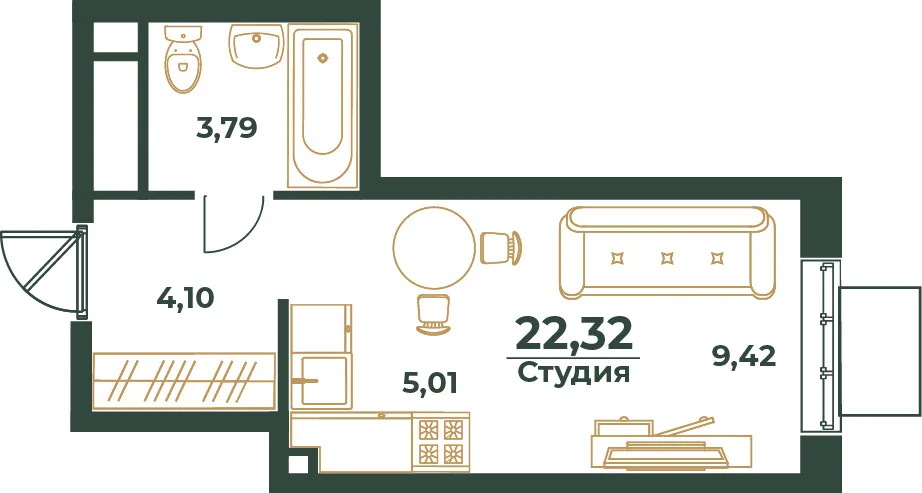 Планировка Студия, 22.32 м² ЖК «Южный квартал»