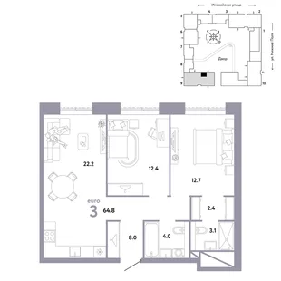 Планировка 3-комн. квартира, 64.8 м² ЖК «Страна.Заречная»