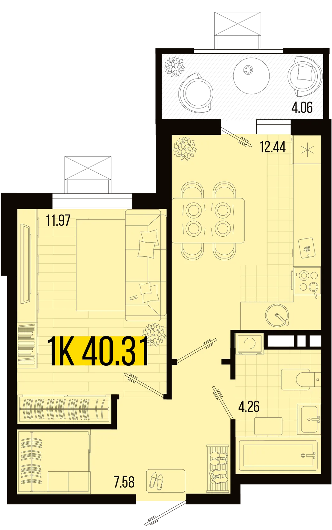 Планировка 1-комн. квартира, 38.28 м² ЖК «Цветной бульвар»